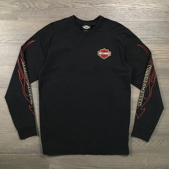 Harley Davidson Flames Long Sleeve T-Shirt Black Motorcycles Tee Medium - Picture 5 of 13